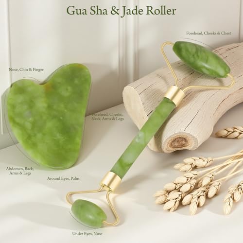 Jade Roller & Gua Sha Set for Facial Massage and Skincare