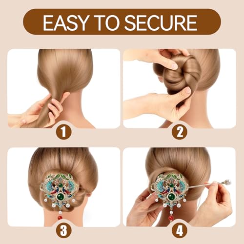 Elesokaxe Moon Phoenix Hair Sticks for Women - Green Chinese Hair Accessories