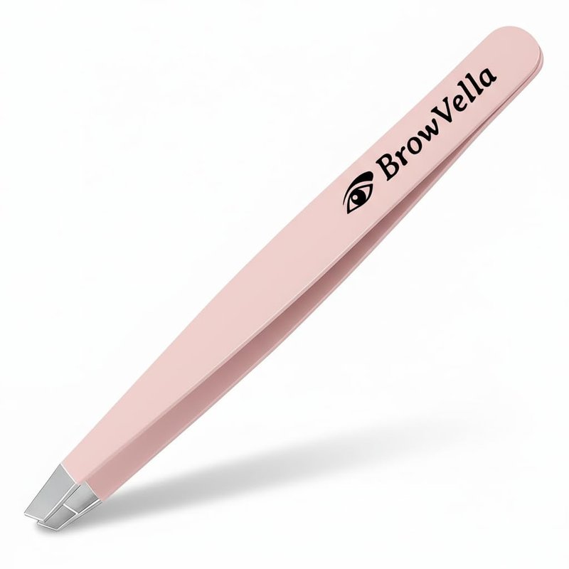BrowVella Precision Slant Tip Tweezers for Eyebrows – Stainless Steel Professional Eyebrow Tweezers for Facial Hair & Ingrown Hair Removal - Pink