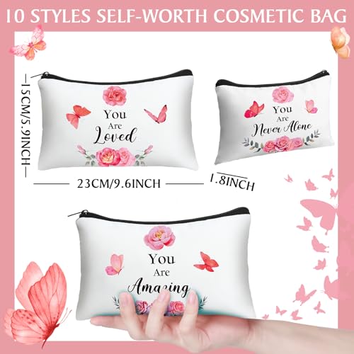 Hillban 10 Pcs Canvas Cosmetic Bags, White Butterfly Print Makeup Pouches