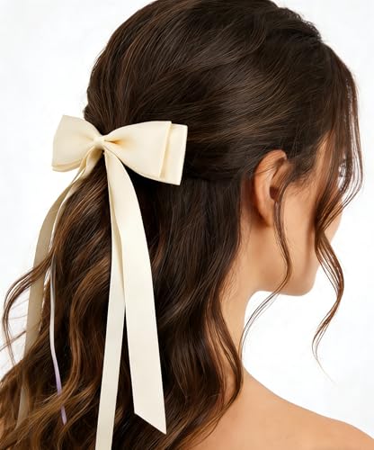 SINNKY 4 Pack Hair Bows for Women Girls - Black & Beige Ribbon Hair Clips