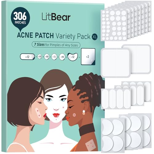 LitBear Large Acne Patches - 306 Count, 7 Sizes for Face & Body