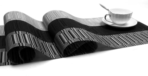 SHACOS Woven Vinyl Table Runner 12x90 Inch - Ombre Black & Gray