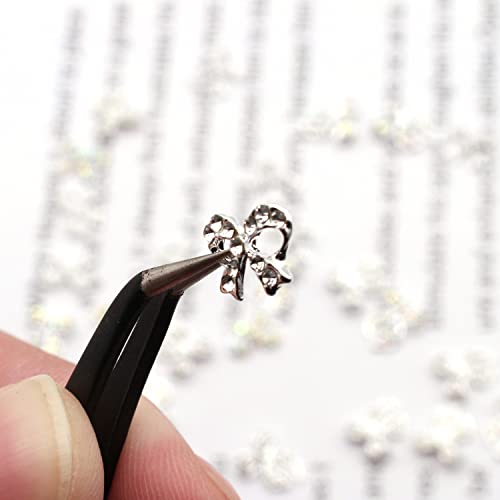 JERCLITY 30 Pieces Silver Bow Nail Charms – Bowknot Nail Studs with Iridescent/Clear Diamonds & Pearl