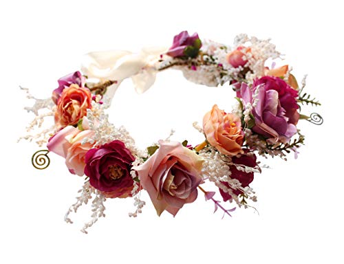 Vivivalue Floral Crown Headband for Women - Pink Boho Hair Wreath | Adjustable with Ribbon - Ideal for Weddings, Parties, and Costumes