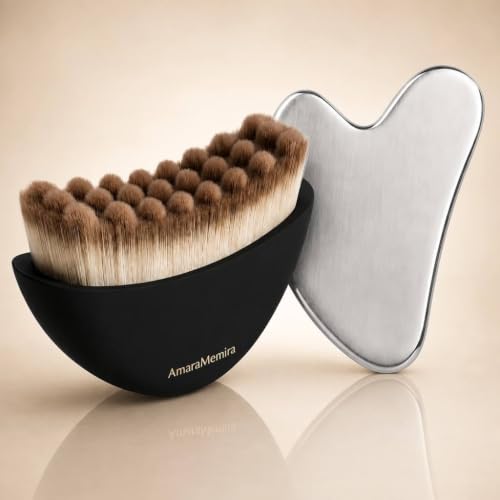 AmaraMemira Lymphatic Face Brush & Stainless Steel Gua Sha Set