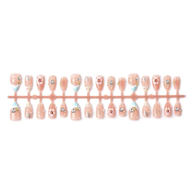 Tnampv Style 1 30Pcs Summer Almond Press On Nails Ocean Beach Fake Nails with Flower Seashell Design