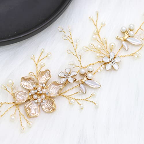 Oriamour Gold Bridal Hair Vine with Floral Pearl Design for Wedding