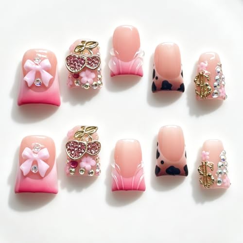 Mirreva Handmade Duck Shape Press on Nails - Y2K Pink Gradient Cherry Bow