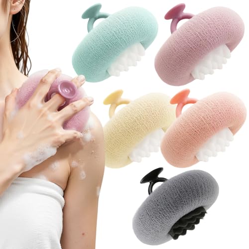 5-Pack Bath Sponges with Suction Cup Hook - Pink, Yellow, Green, Purple, Gray | Soft Exfoliating Loofah Set for Gentle Cleansing