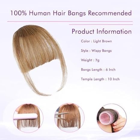 ELEFOCUS 100% Human Hair Clip-in Wispy Bangs - Light Brown Daily Wear
