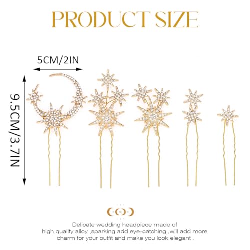 Gold Star & Moon Bridal Hair Pins - Pack of 5 Crystal Accessories