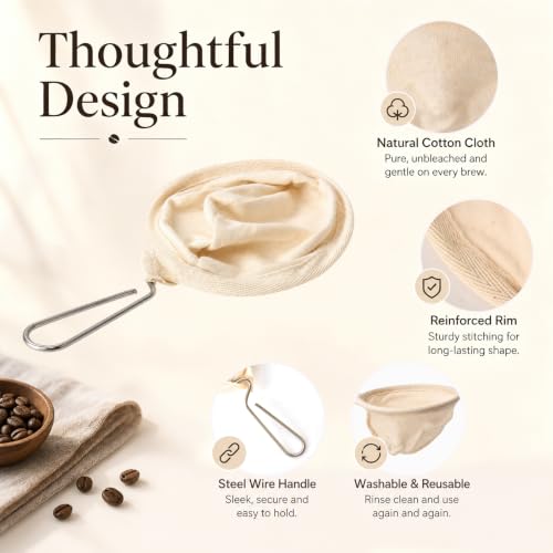 CALIDAKA Reusable Flannel Coffee Filters with Stainless Steel Handle - 4 Pack
