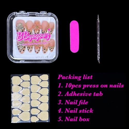 Handmade Press-On Nails 3D Flower & Gold Crown, M - Luxury Acrylic Fake Nails