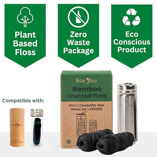 EcoYou Charcoal Bamboo Dental Floss Refills - Natural Mint, Vegan Biodegradable, Reusable Metal Container