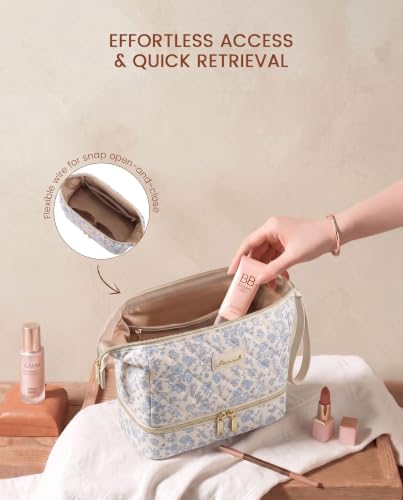 LOVEVOOK Blue Flower Travel Makeup Bag - Portable Double Layer Cosmetic Organizer
