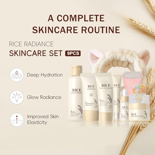 9PCS Rice Skincare Set for Women & Girls ? Korean Skin Care Set with Rice Cleanser, Toner, Serum, Face Cream, Eye Cream, Sunscreen, Ice Roller, Headband & Card ? Moisturizing & Skin Barrier Support