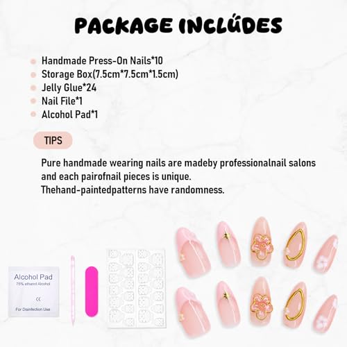 OCOUYVD Medium Almond Fake Nails with 3D Gold Embossed Flower Design - Size M / 2426