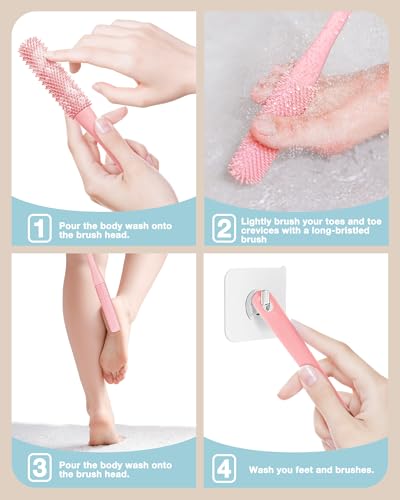 2 Sets Toe & Foot Cleaning Brushes with Long Handle & Silicone Soft Scrubber