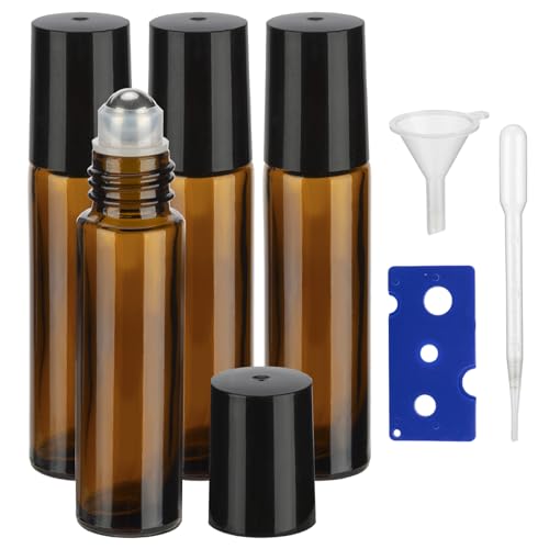 10ml Amber Essential Oil Roller Bottles - 4 Pack with Labels & Tools