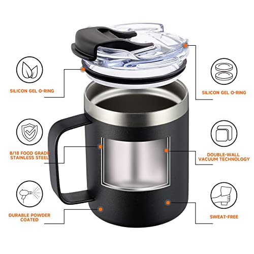 12oz Insulated Travel Coffee Mug with Handle - Black Stainless Steel Tumbler