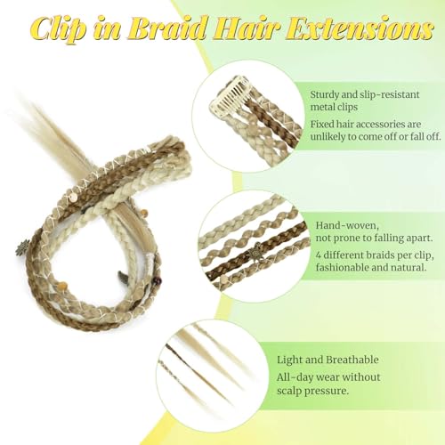Toilswirl 16 Inch Medium Blonde Boho Clip-In Braids with Charms & Beads - Festival Hair Extensions