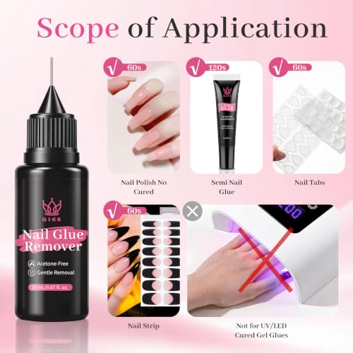 QIEK 20ml Nail Glue Remover 2 Pack with Precision Removal Tools - Gentle & Fast Dissolving
