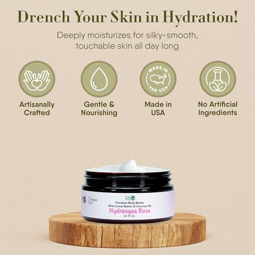 360Feel Hydrangea Rose Body Butter - Nourishing Shea & Cocoa Butter, 8 Oz