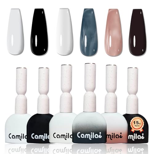 CAMILA 6-Piece Black and White Gel Nail Polish Set, 15ml Soak Off UV/LED