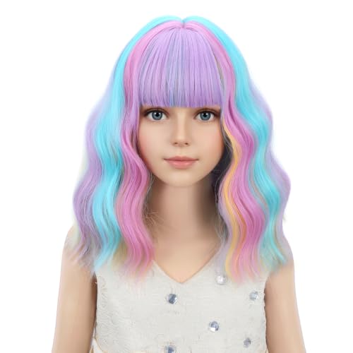 PATTNIUM Kids Rainbow Wavy Wig with Bangs - Heat Resistant Synthetic