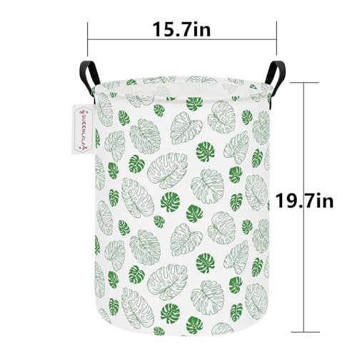QUEENLALA Large Foldable Round Storage Basket - Waterproof, Green Leaf