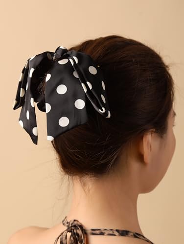 MINACHI Polka Dot Bow Tail Scrunchie - Black Satin Hair Tie TIES.016