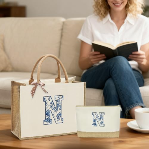KongMoTree Monogrammed Tote Bag for Women - Personalized Canvas Makeup & Gift Bag, N Variation
