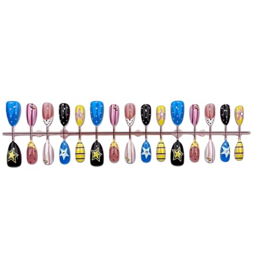 Medium Almond Press-On Nails with Colorful Polka Dots & Stars - 24 Pcs