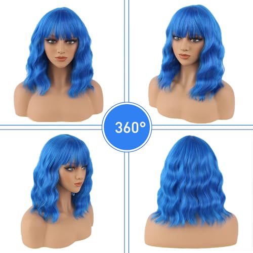 Blue Wigs for Women 14 Inch Curly Wavy Bob Cosplay Party Halloween Synthetic Hair