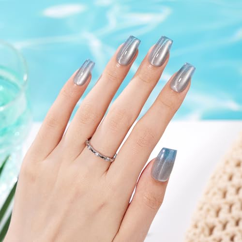 VSALON Medium Coffin Press on Nails - B3-1 Polar Glimmer, Icy Blue Ombre Cat Eye