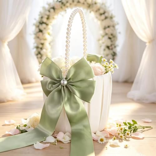 Sage Green Flower Girl Basket with Pearl Handle - Wedding Decor