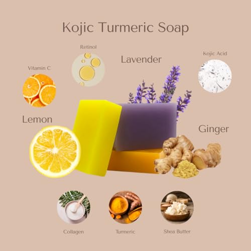 Organic To Green Kojic Turmeric Body Soap for Dark Spots - 3 Pack with Hyaluronic Acid, Retinol, Vitamin E, Shea Butter, Collagen, Lemon, Ginger & Lavender