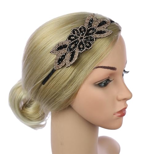 Black Vintage Beaded 1920s Flapper Headband for Women Bridal Party Looks