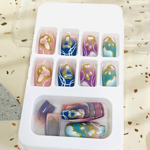 24Pcs Pink Gradient Press-On Nails Set - Medium Coffin with Gold Designs