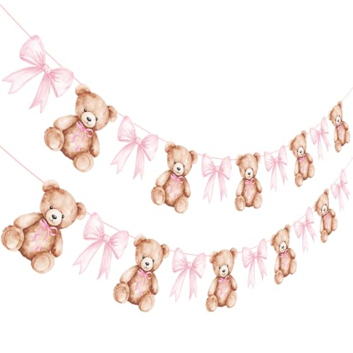 We Can Bearly Wait Teddy Bear Banner Set with Pink Bow - 2PCS Baby Shower Decorations