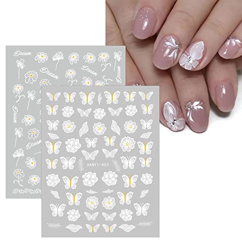 JMEOWIO 12 Sheets White Flower Nail Art Stickers - Self-Adhesive Designs for DIY Nail Art