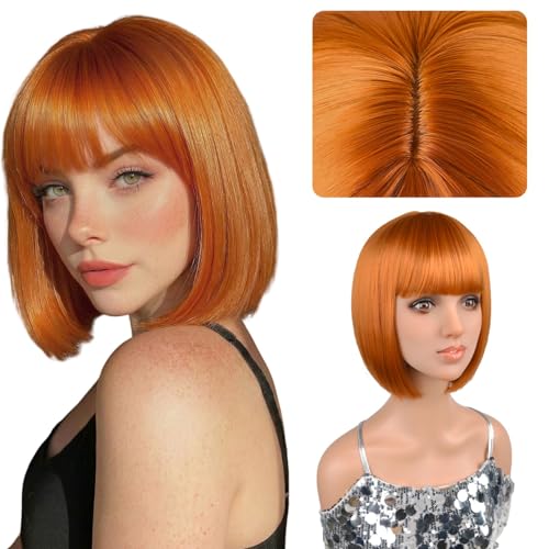 Ginger Bob Wig with Bangs - 12 Inch Shoulder Length Orange Wig