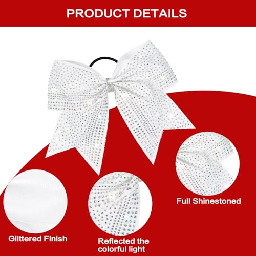 White 8-Inch Glitter Cheer Hair Bow with Rhinestones - Large Sports Pom-Pom Accessory