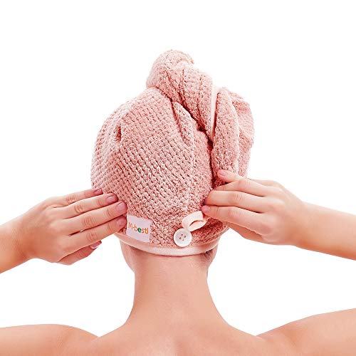M-bestl 2 Pack Microfiber Hair Towel Wrap,Hair Drying Towel with Button,Quick Dry Hair Towel Turban for Women,Absorbent Anti-frizz Head Towel for Long Thick Curly Hair(Pink&Beige)