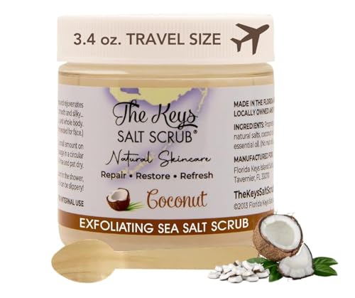 The Keys Salt Scrub Coconut - Organic Sea Salt Exfoliator with Wooden Spoon, 3.4 oz
