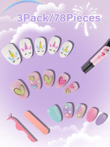 78 Pieces Kid Press On Nails Set - EBANKU Heart Design (3 Pack)