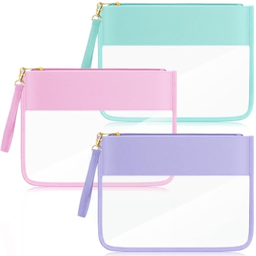 Sanwuta Clear Flat Zipper Makeup Pouch Set – 3 Colors: Pink, Green, Purple