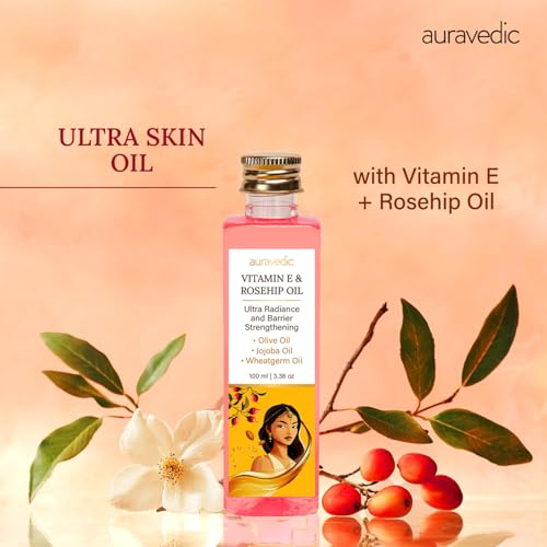Auravedic Cold-Pressed Rosehip Face Oil with Vitamin E - Hydrating Natural Skin Care, 3.38 Fl Oz