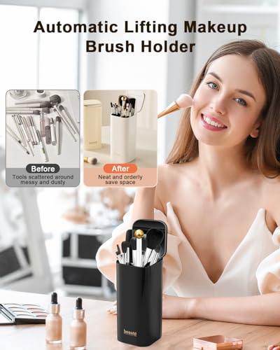 Automatic Lifting Makeup Brush Organizer with Lid - White Gold